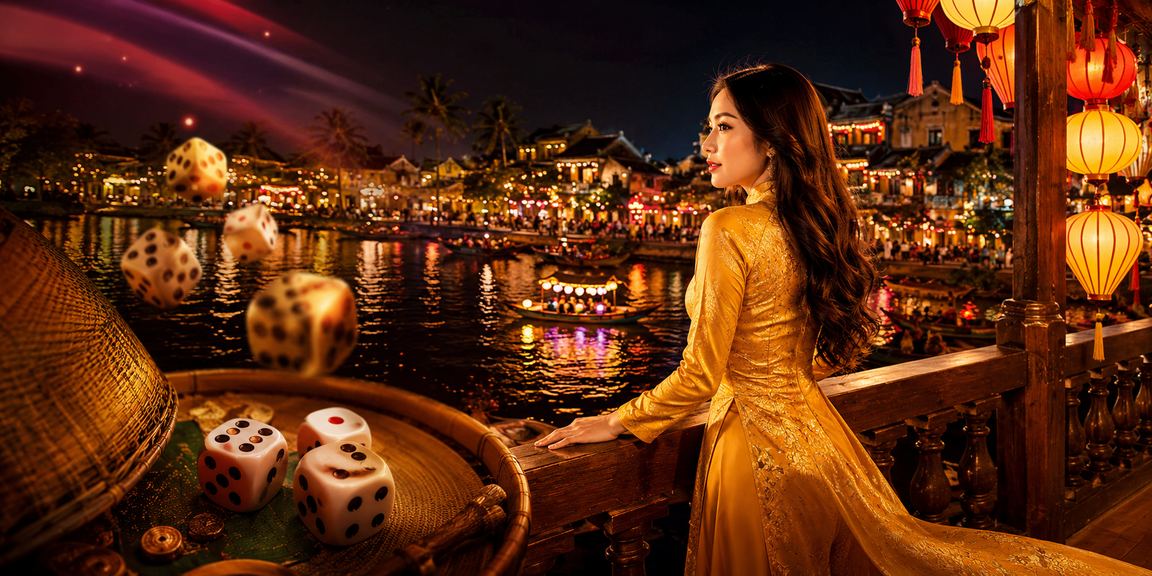 Người chơi Tài Xỉu với xúc xắc tại không gian mang phong cách Hội An truyền thống